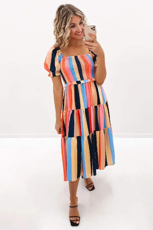 Spencer Midi Dress Licorice Stripe Stylish Button-Up Midi Dress