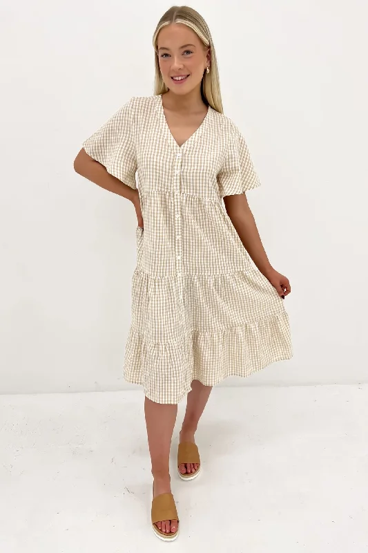 Summer Midi Dress Latte Gingham Fashionable Wide Leg Midi Dress