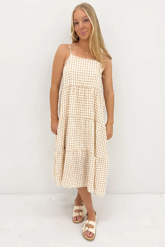 Tarah Midi Dress Beige Check Fashionable One-Shoulder Midi Dress