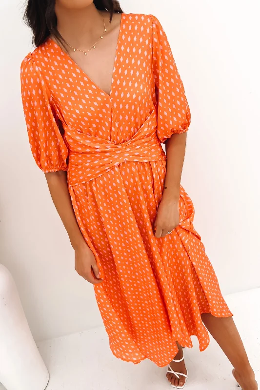 Tayla Midi Dress Orange Pink Elegant Floral Skirt Midi Dress