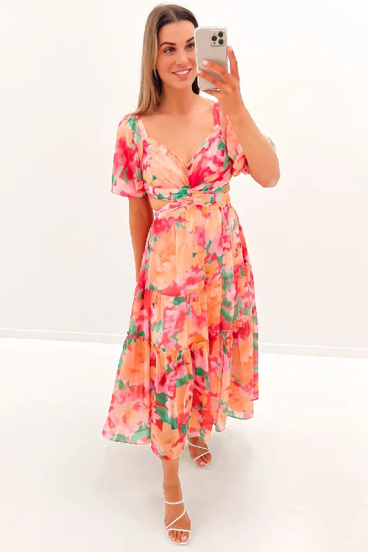 Theo Midi Dress Pink Floral Trendy Floral Wrap Midi Dress