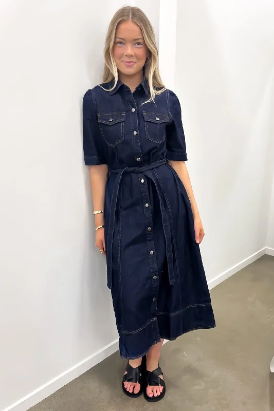 Tia Denim Midi Dress Dark Blue Fashionable Skater Midi Dress