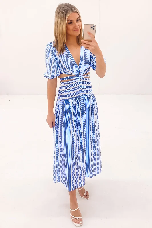 Toni Midi Dress Blue Stripe Fashionable Off-Shoulder Dress Midi