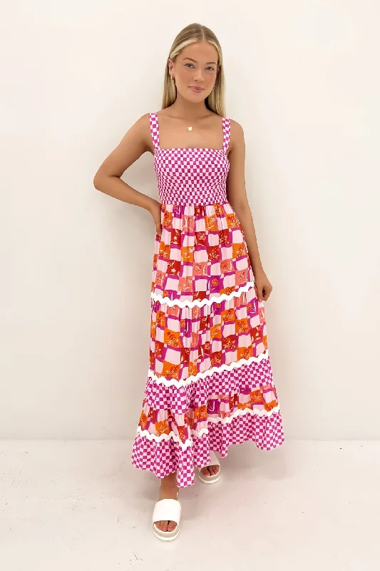 Tristian Midi Dress Pink Purple Checker Comfortable Fit-and-Flare Midi Dress