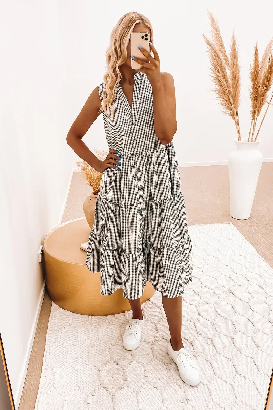 Tulley Midi Dress Black Gingham Stylish Long Sleeve Floral Midi Dress