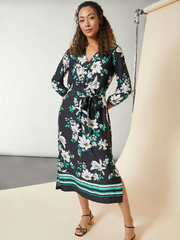V-Neck Floral Belted Midi Dress Trendy Ruched Side Midi Dress