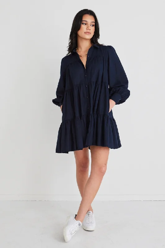 Valley Navy Linen Blend Shirt Style Tiered Mini Dress Casual V-Neck Mini Dress