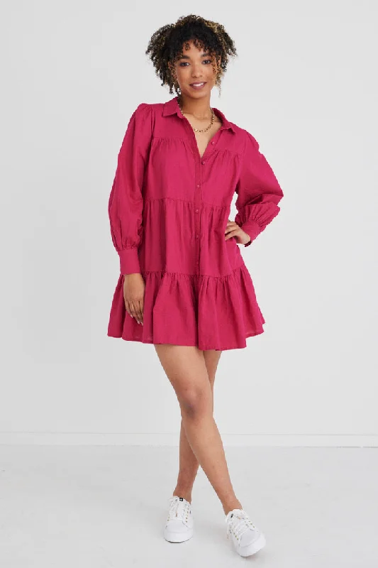Valley Raspberry Ls Shirt Style Tiered Mini Dress Comfortable Off-Shoulder Mini Dress Valley Raspberry Ls Shirt Style Tiered Mini Dress Comfortable Off-Shoulder Mini Dress
