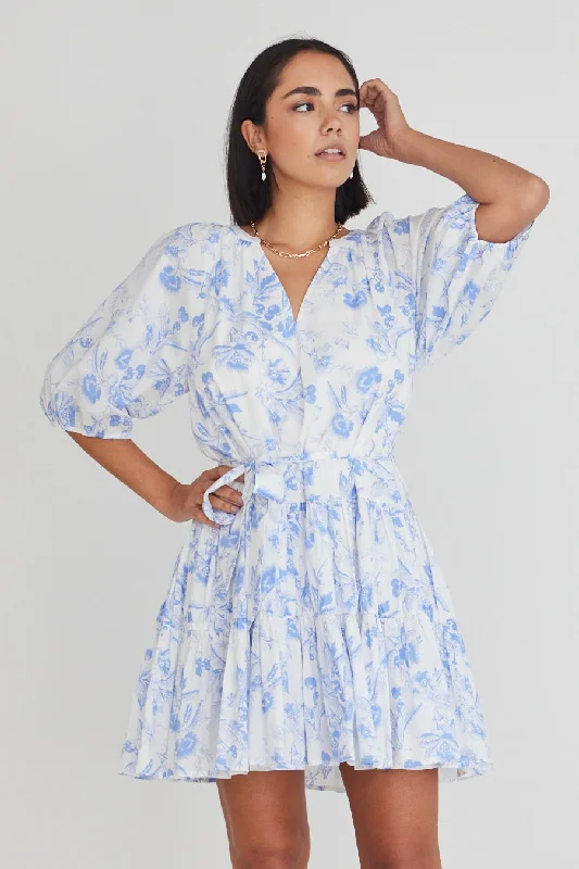 Venetia Blue Floral SS V Neck Tied Tiered Mini Dress Stylish Short-Sleeve Mini Dress Venetia Blue Floral SS V Neck Tied Tiered Mini Dress Stylish Short-Sleeve Mini Dress