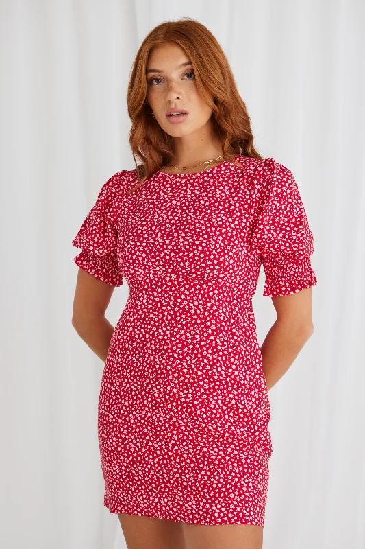 Willah Red Garden SS Slim Fit Mini Dress Fashionable Denim Mini Dress