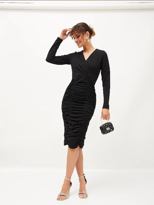 Women's Black Knitted Ruched Midi Dress - Lyush Comfortable Deep V Midi Dress