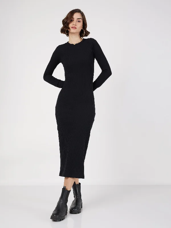 Women's Black Rib Bodycon Midi Dress - Lyush Cozy Tie-Dye Midi Dress