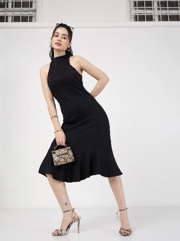 Women's Black Rib Fish Frill Bodycon Midi Dress - Lyush Cozy A-Line Midi Dress