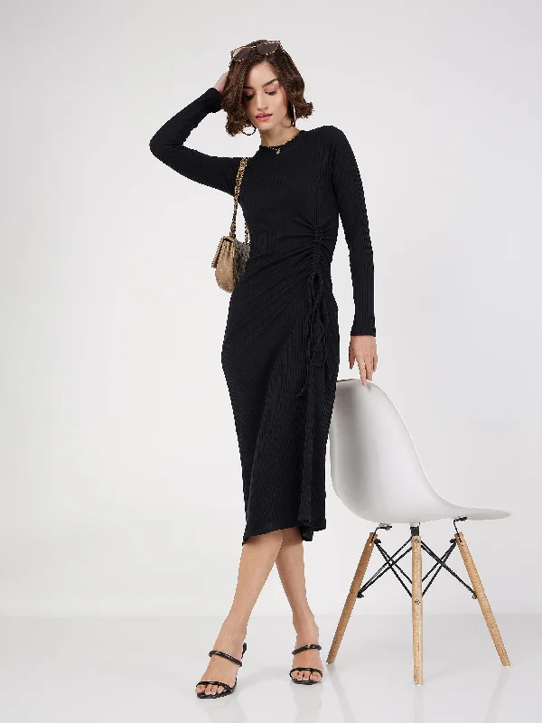 Women's Black Rib Side Ruched Bodycon Midi Dress - Lyush Elegant Floral Appliqué Midi Dress