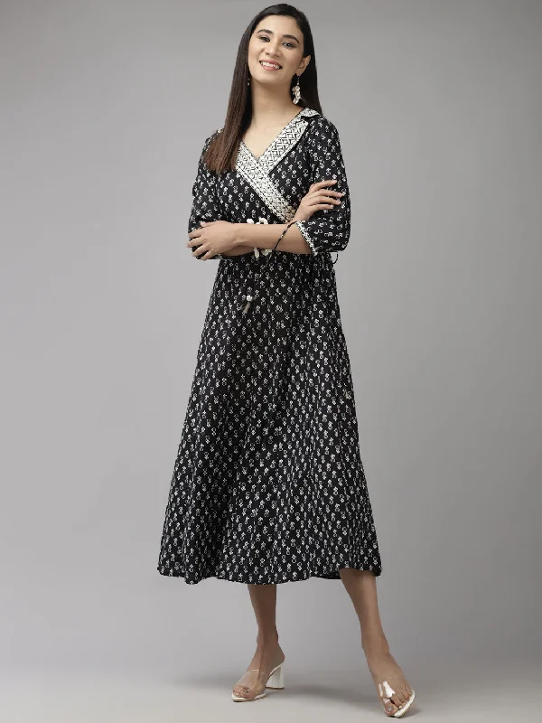 Women's Black & White Floral Printed Ethnic Midi Dress - Yufta Stylish Halter Neck Midi Dress