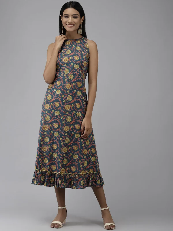 Women's Teal Floral Ethnic A-Line Midi Dress - Yufta Comfortable Ribbed Midi Dress