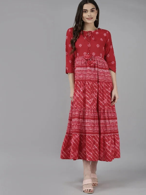 Women's Red & Off White Pure Cotton Ethnic Motifs A-Line Midi Dress - Yufta Elegant Velvet Midi Dress
