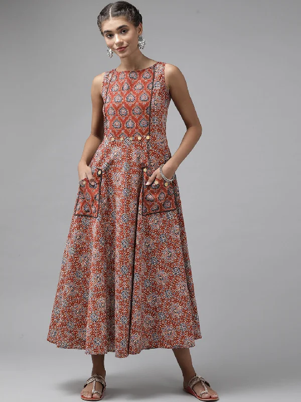 Women's Red & Blue Ethnic Motifs Back Tie-Up Detail Ethnic Midi Dress - Yufta Fashionable Pleated Midi Dress