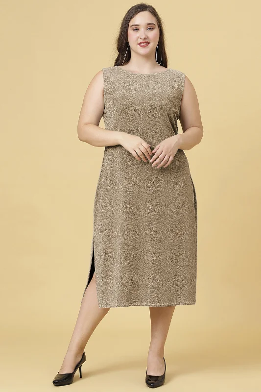 Women's Brown Sleeveless Blingy A-Line Midi Dress - Curvy Lane Comfortable Button Front Midi Dress