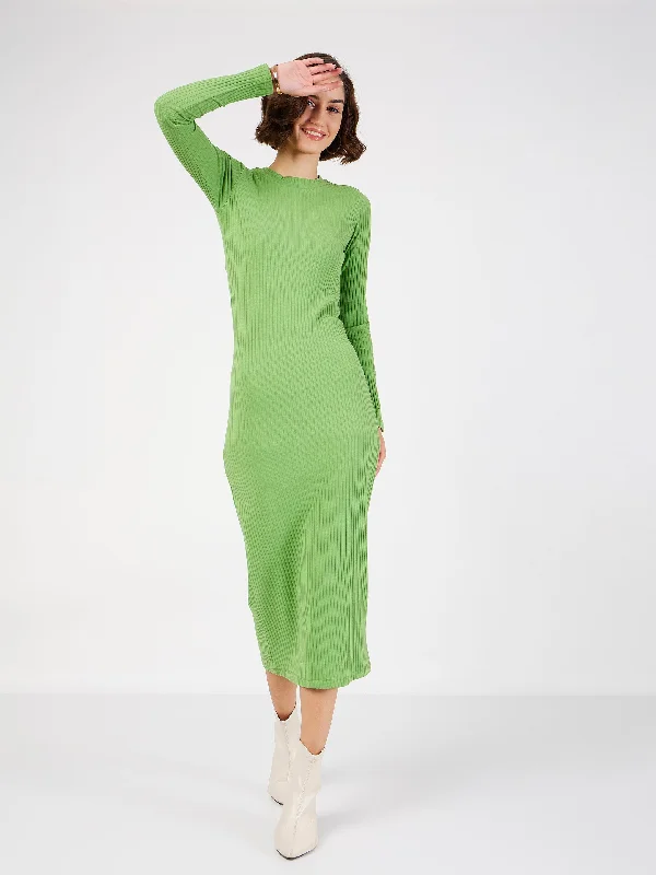 Women's Green Rib Bodycon Midi Dress - Lyush Comfortable Ribbed Midi Dress