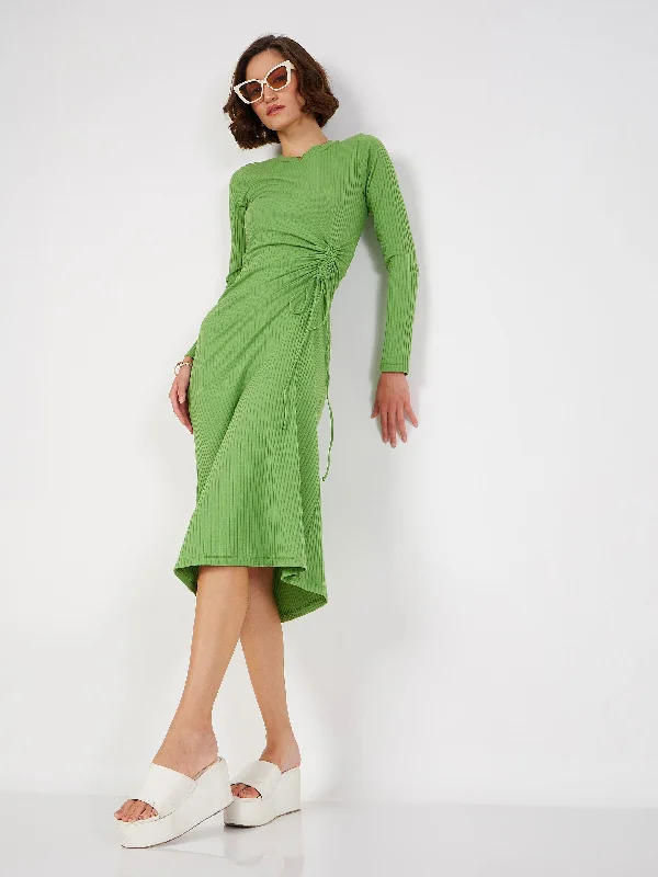 Women's Green Rib Side Ruched Bodycon Midi Dress - Lyush Fashionable Pencil Midi Dress