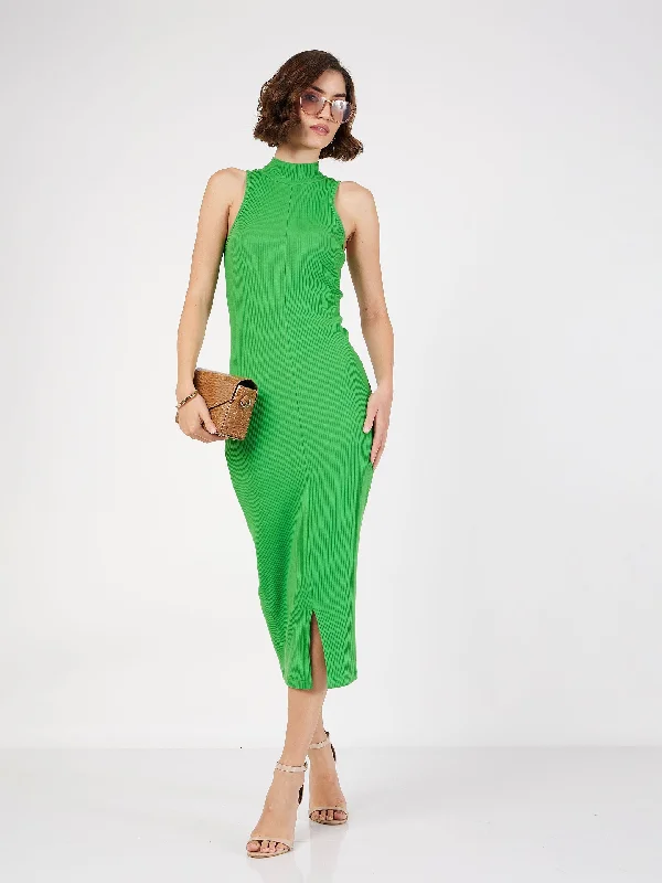 Women's Green Rib Turtle Neck Sleeveless Midi Dress - Lyush Stylish Silk Midi Dress