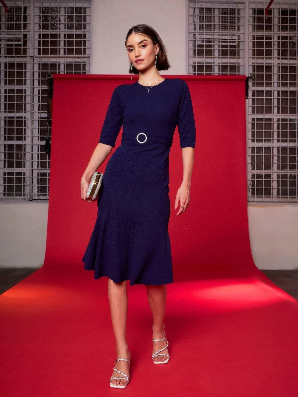 Women's Navy Frill Hem Belted Midi Dress - Lyush Cozy T-shirt Midi Dress