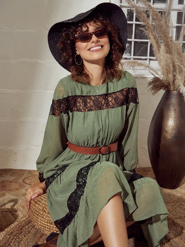 Women's Olive Lace Insert Tiered Midi Dress - Lyush Chic Lace Detail Midi Dress