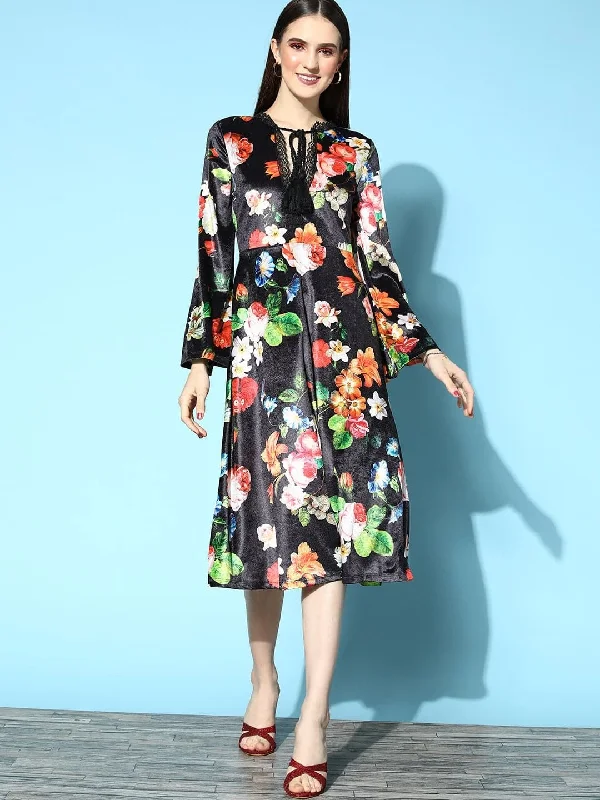 Women's Black Floral Velvet Lace Detail Midi Dress - Lyush Elegant Lace Trim Midi Dress Women's Black Floral Velvet Lace Detail Midi Dress - Lyush Elegant Lace Trim Midi Dress