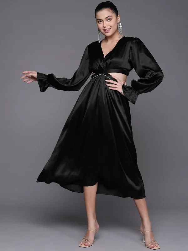 Women's Black Satin Cut Out Midi Dress - Lyush Comfortable Deep V Midi Dress