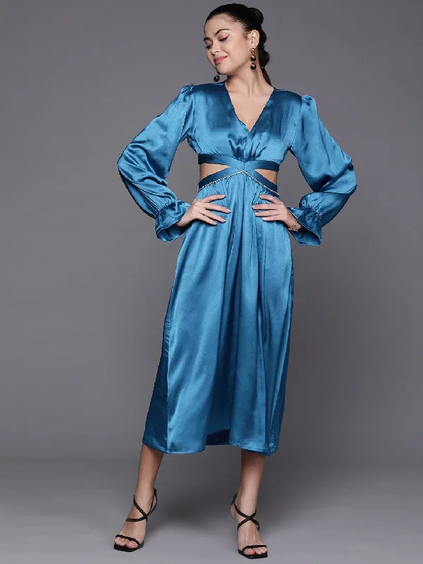 Women's Blue Satin Cut Out Midi Dress - Lyush Stylish Long Sleeve Floral Midi Dress