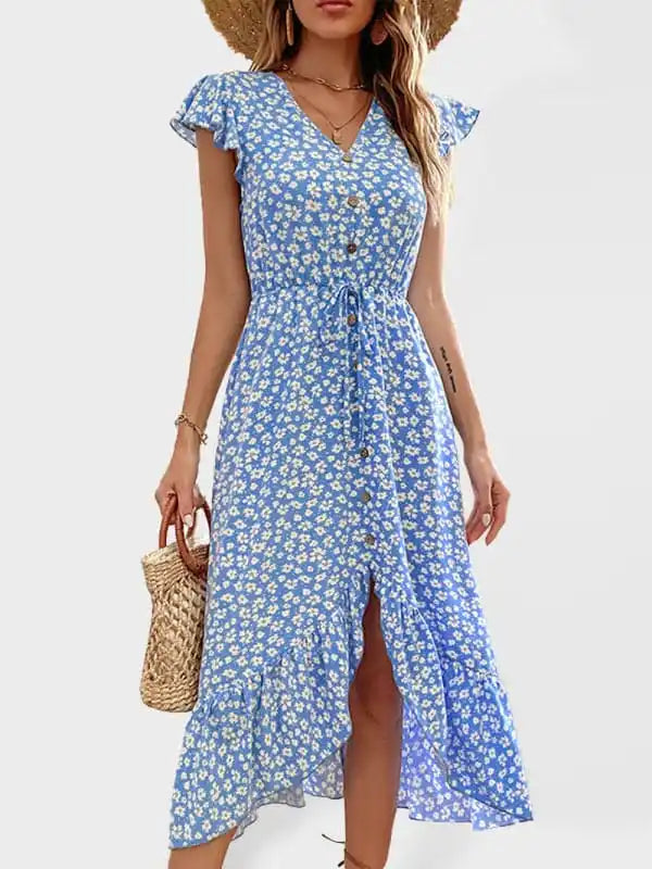 Women’s Floral Print Flutter Sleeve V-neck Midi Dress Trendy Midi Dress with Belt