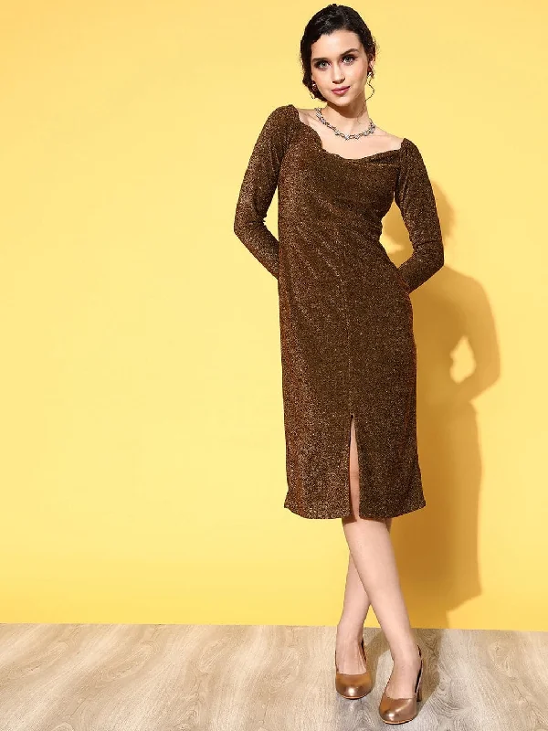 Women's Gold Lurex Off Shoulder Midi Dress - Lyush Elegant Satin Slip Midi Dress