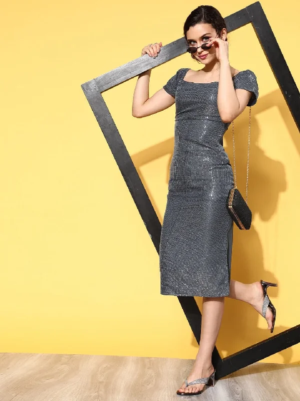 Women's Grey Sequin Off Shoulder Midi Dress - Lyush Comfortable Geometric Print Midi Dress Women's Grey Sequin Off Shoulder Midi Dress - Lyush Comfortable Geometric Print Midi Dress