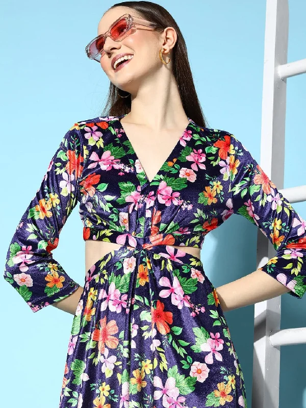Women's Navy Floral Velvet Side Cut-Out Midi Dress - Lyush Trendy Bodycon Midi Dress Women's Navy Floral Velvet Side Cut-Out Midi Dress - Lyush Trendy Bodycon Midi Dress