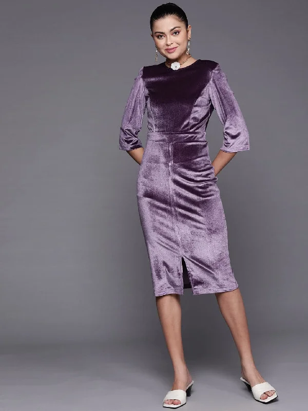 Women's Purple Velvet Front Slit Bodycon Midi Dress - Lyush Stylish Midi Dress with Cuffs