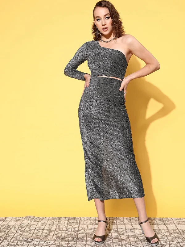 Women's Silver Lurex Waist Cut-Out One Shoulder Midi Dress - Lyush Trendy Off-Shoulder Ruffle Midi Dress