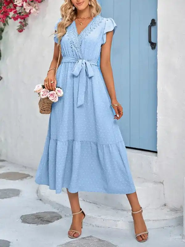 Women’s Solid Color Lace Trim Tie Waist Midi Dress Cozy Tie-Dye Midi Dress
