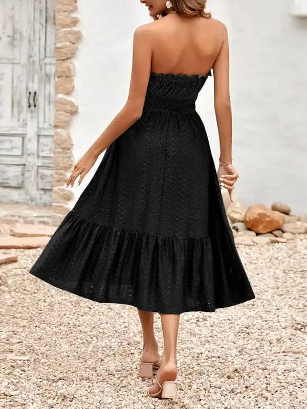 Women’s Solid Color Strapless Taffeta Bubble-hem Lace Midi Dress Elegant Satin Midi Dress