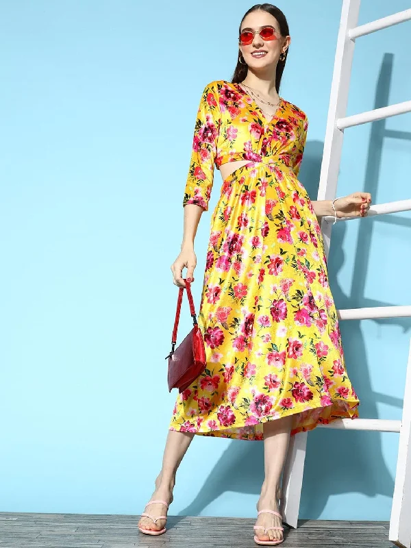 Women's Yellow Floral Velvet Side Cut-Out Midi Dress - Lyush Stylish Satin Midi Dress Women's Yellow Floral Velvet Side Cut-Out Midi Dress - Lyush Stylish Satin Midi Dress