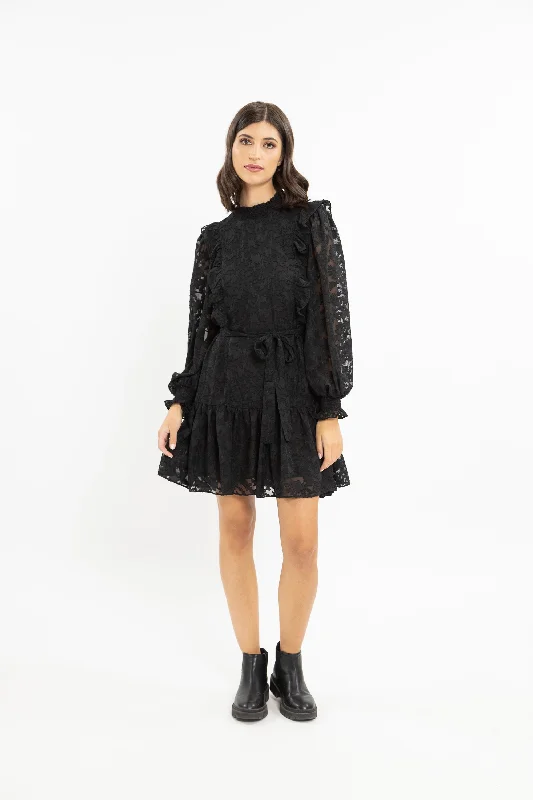 Wondrous Black Burnout Chiffon LS Mini Dress Trendy A-Line Mini Dress