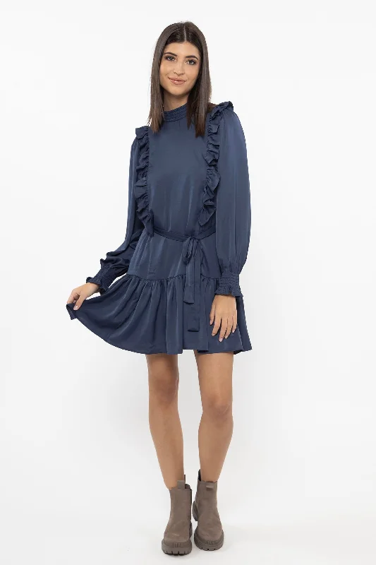 Wonderous Navy Satin LS Mini Dress Classic Shift Mini Dress