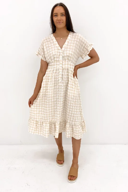 Wren Midi Dress Latte Gingham Fashionable High-Neck Midi Dress