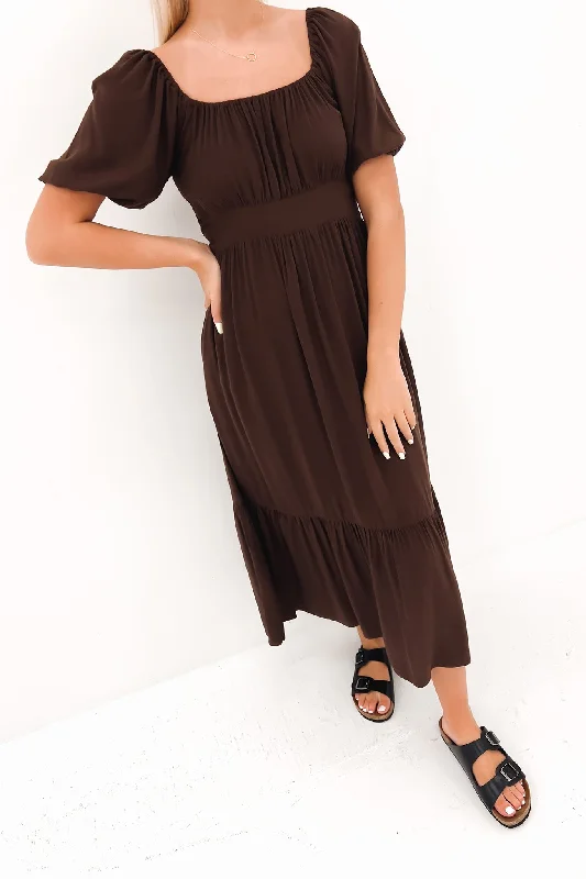 Yasmin Frill Hem Midi Dress Chocolate Fashionable Off-Shoulder Dress Midi