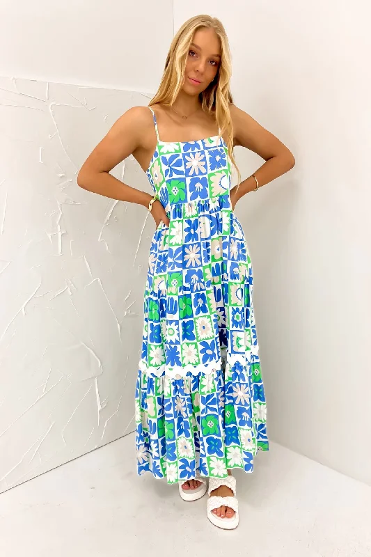 Zakia Midi Dress Blue Daisy Trendy Smocked Waist Midi Dress