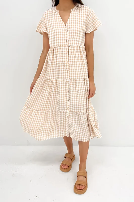 Zenny Midi Dress Latte Gingham Trendy Off-Shoulder Ruffle Midi Dress