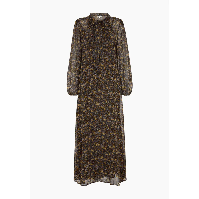 Margot Ruffle Neck Aster Print Maxi Dress In Brown Fashionable Chiffon Tiered Maxi Dress