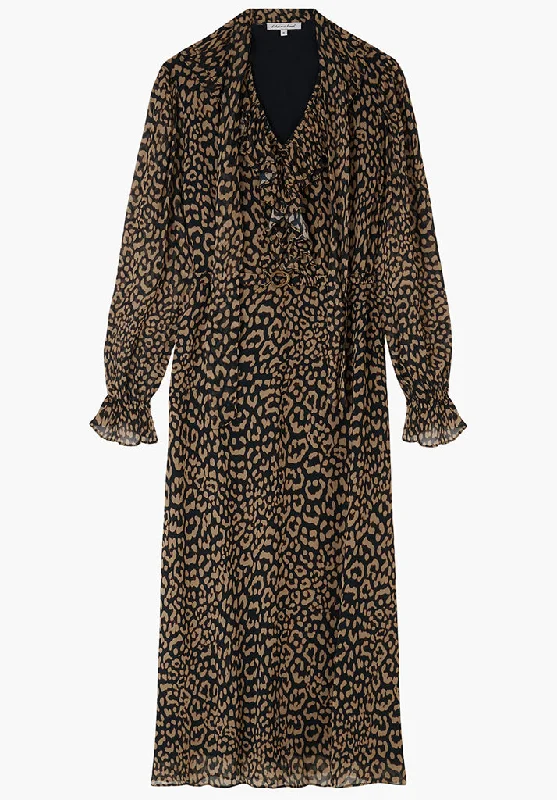 Margot Ruffle Neck Leopard Print Maxi Dress In Brown Stylish Button-Up Maxi Dress