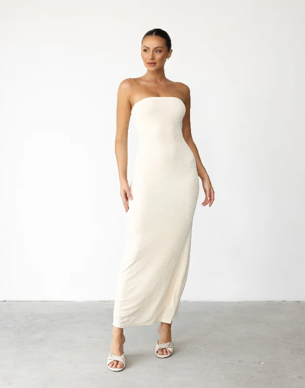 Abelle Maxi Dress (Off White) Trendy V-Neck Maxi Dress