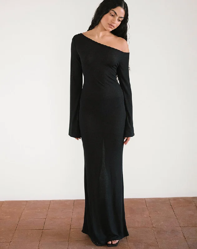 Aldiana Long Sleeve Asymmetric Maxi Dress in Sheer Knit Black Cozy Wrap Maxi Dress